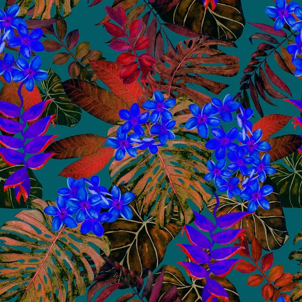 Hawaii Virág Zökkenőmentes Minta Akvarell Trópusi Levelek Virágok Egzotikus Pluméria — Stock Fotó
