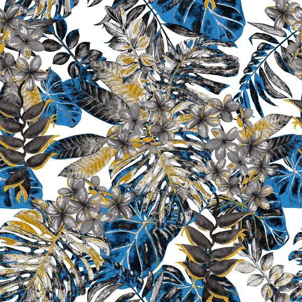 Гавайський Квітковий Візерунок Акварельними Тропічними Листками Квітами Exotic Plumeria Heliconia — стокове фото