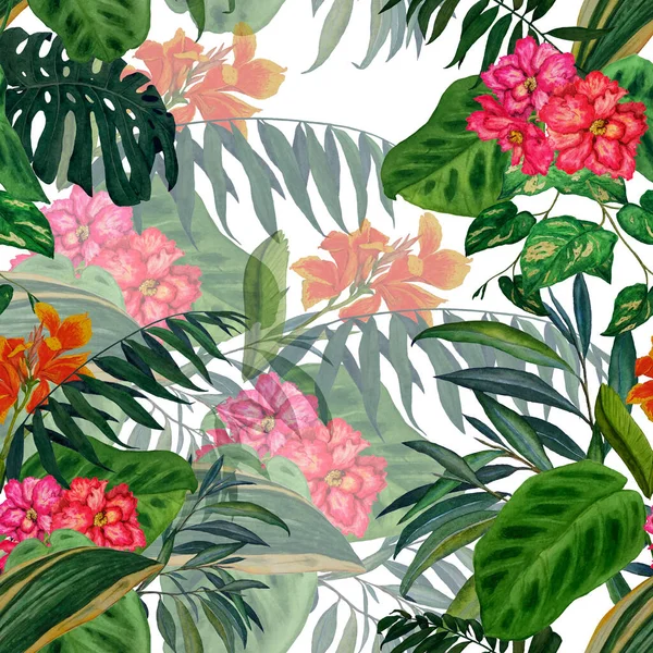 Patrón Sin Costura Floral Hawaiano Con Hojas Flores Tropicales Acuarela —  Fotos de Stock