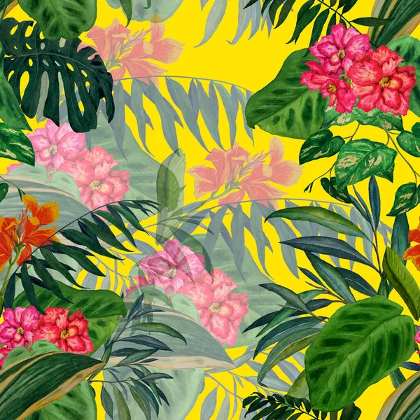 夏威夷植物无缝图案 水彩斑斓的热带叶和花 异国情调的芙蓉和金丝花色彩艳丽的手绘插图 热带夏季印刷品 — 图库照片