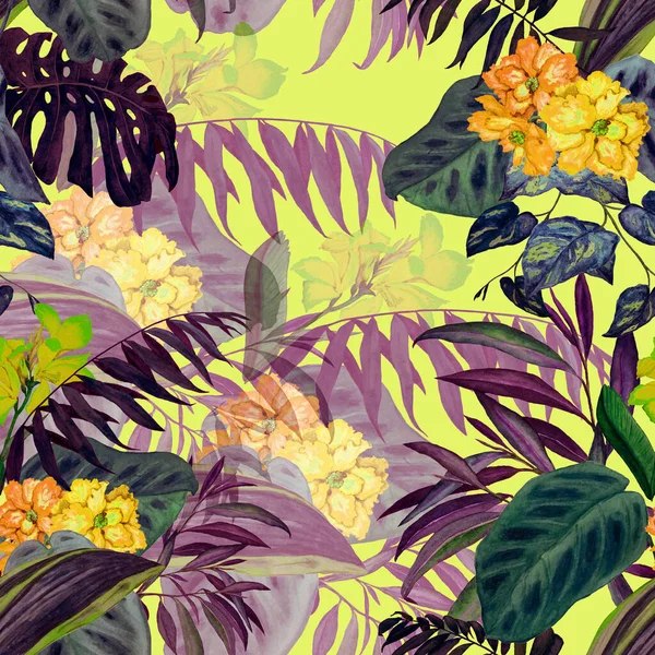 Hawaiian Floral Seamless Pattern Watercolor Tropical Leaves Flowers Exotic Hibiscus — Stock Photo, Image