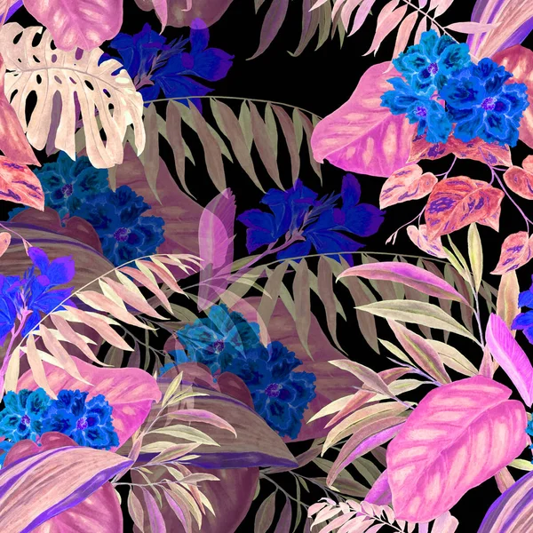 水彩熱帯の葉や花とハワイの花のシームレスなパターン エキゾチックなハイビスカスとカンナの花 カラフルな手描きイラスト 熱帯夏 Print — ストック写真