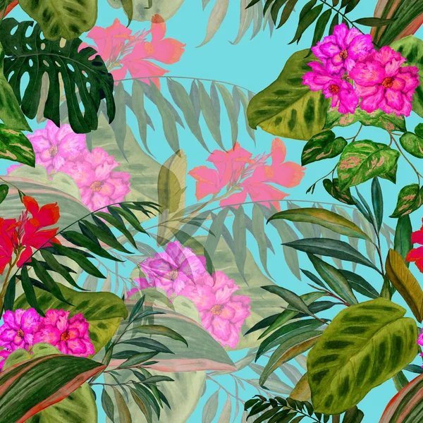 Hawaiian Floral Seamless Pattern Watercolor Tropical Leaves Flowers Exotic Hibiscus — Stock Photo, Image