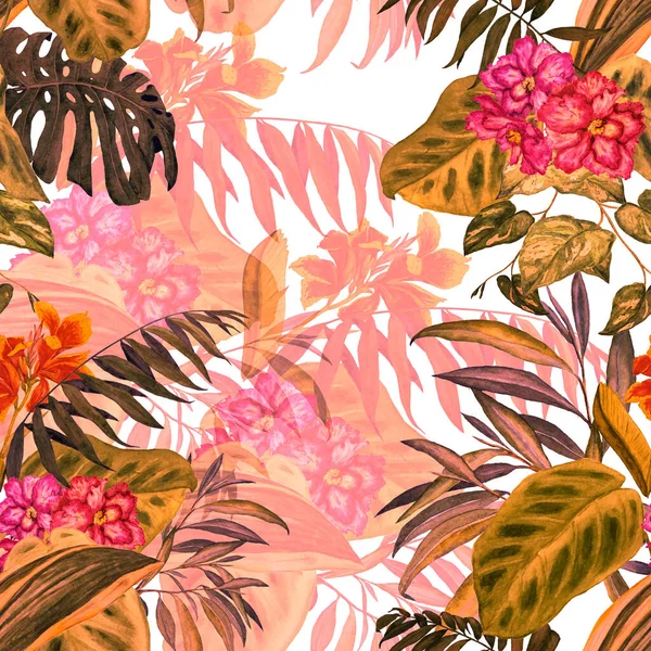 水彩熱帯の葉や花とハワイの花のシームレスなパターン エキゾチックなハイビスカスとカンナの花 カラフルな手描きイラスト 熱帯夏 Print — ストック写真