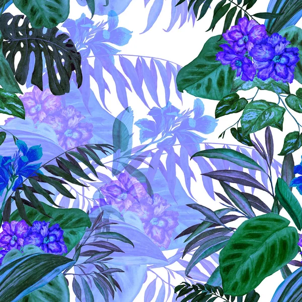 Hawaiian floral seamless pattern with watercolor tropical leaves and flowers. Exotic Hibiscus and Canna flowers. Colorful hand drawn illustration. Tropical summer print.