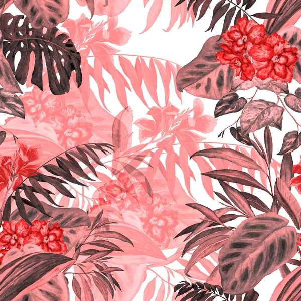 Hawaiian floral seamless pattern with watercolor tropical leaves and flowers. Exotic Hibiscus and Canna flowers. Colorful hand drawn illustration. Tropical summer print.