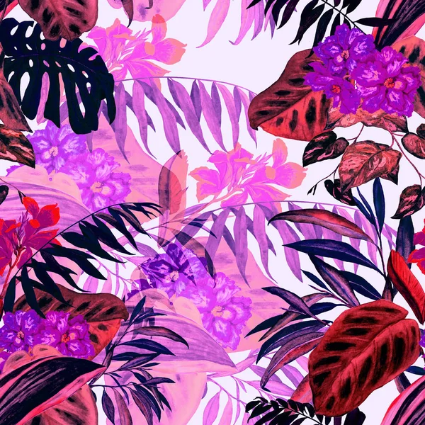 夏威夷植物无缝图案 水彩斑斓的热带叶和花 异国情调的芙蓉和金丝花色彩艳丽的手绘插图 热带夏季印刷品 — 图库照片