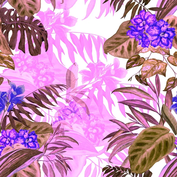 Hawaiian floral seamless pattern with watercolor tropical leaves and flowers. Exotic Hibiscus and Canna flowers. Colorful hand drawn illustration. Tropical summer print.
