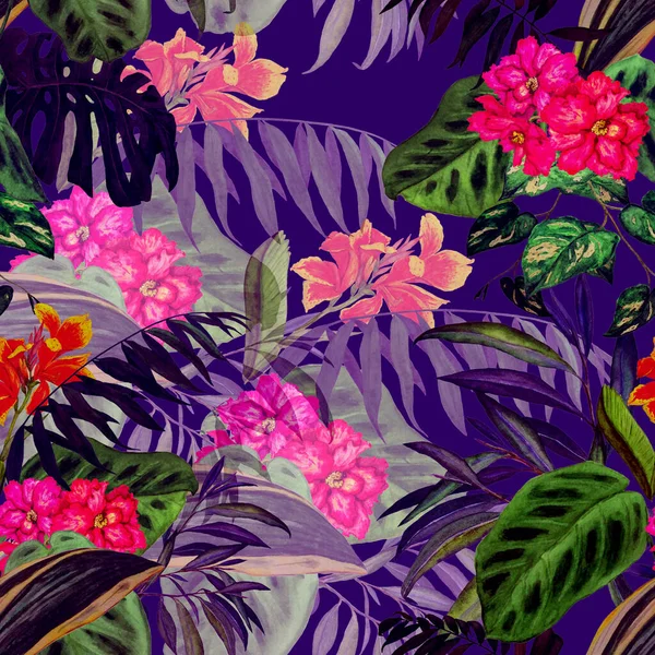 Hawaii çiçeksiz desenli suluboya tropikal yapraklar ve çiçekler. Egzotik Hibiscus ve Canna çiçekleri. Renkli el çizimi çizimi. Tropik yaz baskısı.