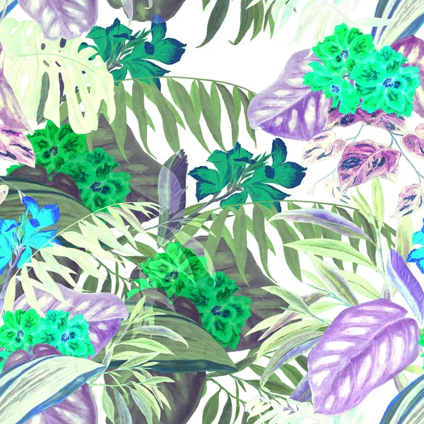 Hawaiianische Florale Nahtlose Muster Mit Tropischen Blättern Und Blumen Aquarell — Stockfoto