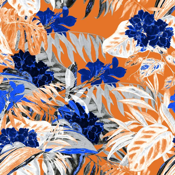 Hawaiian floral seamless pattern with watercolor tropical leaves and flowers. Exotic Hibiscus and Canna flowers. Colorful hand drawn illustration. Tropical summer print.