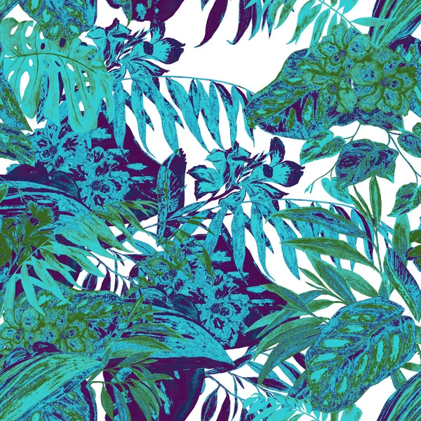 Гавайський Квітковий Візерунок Акварельними Тропічними Листками Квітами Екзотичні Квітки Гібіска — стокове фото