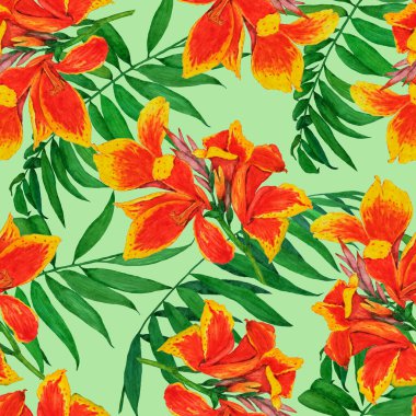 Hawaii çiçekli, suluboya tropikal çiçekli, dikişsiz desen. Egzotik Canna çiçeği. Renkli el çizimi çizimi. Tropik yaz baskısı.
