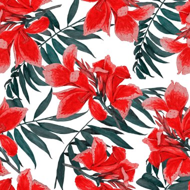 Hawaii çiçekli, suluboya tropikal çiçekli, dikişsiz desen. Egzotik Canna çiçeği. Renkli el çizimi çizimi. Tropik yaz baskısı.