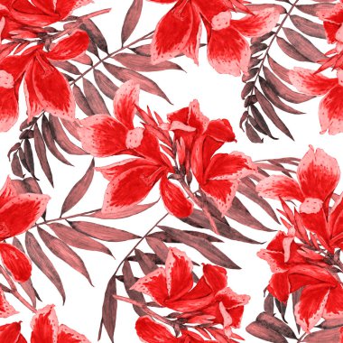 Hawaii çiçekli, suluboya tropikal çiçekli, dikişsiz desen. Egzotik Canna çiçeği. Renkli el çizimi çizimi. Tropik yaz baskısı.
