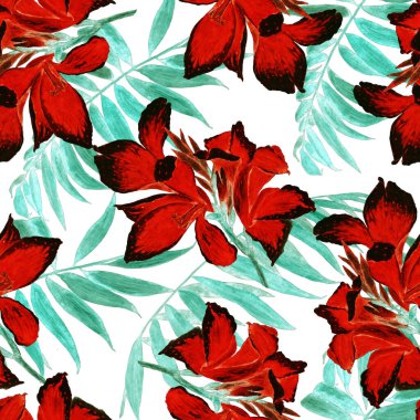 Hawaii çiçekli, suluboya tropikal çiçekli, dikişsiz desen. Egzotik Canna çiçeği. Renkli el çizimi çizimi. Tropik yaz baskısı.