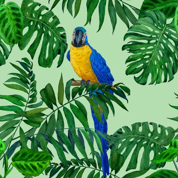 Tropické Bezešvé Vzor Akvarelem Džungle Listy Papoušky Macaw Barevné Ručně — Stock fotografie