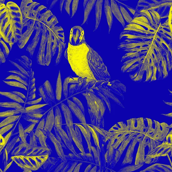 Τροπικό Μοτίβο Χωρίς Ραφή Ακουαρέλες Φύλλα Ζούγκλας Και Παπαγάλους Μακάο — Φωτογραφία Αρχείου