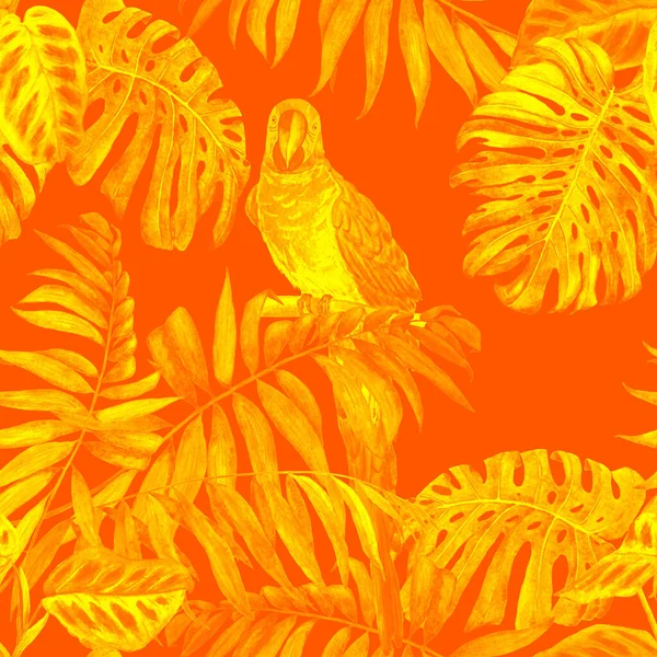 Tropisch Naadloos Patroon Met Aquarel Jungle Bladeren Ara Papegaaien Kleurrijke — Stockfoto