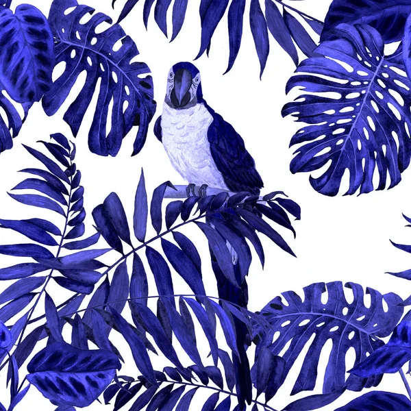 Padrão Sem Costura Tropical Com Folhas Selva Aquarela Papagaios Arara — Fotografia de Stock