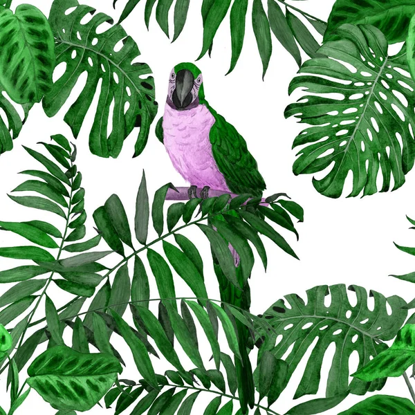 水彩ジャングルの葉とマコーのオウムと熱帯シームレスなパターン カラフルな手描きイラスト エキゾチックな夏 Print — ストック写真