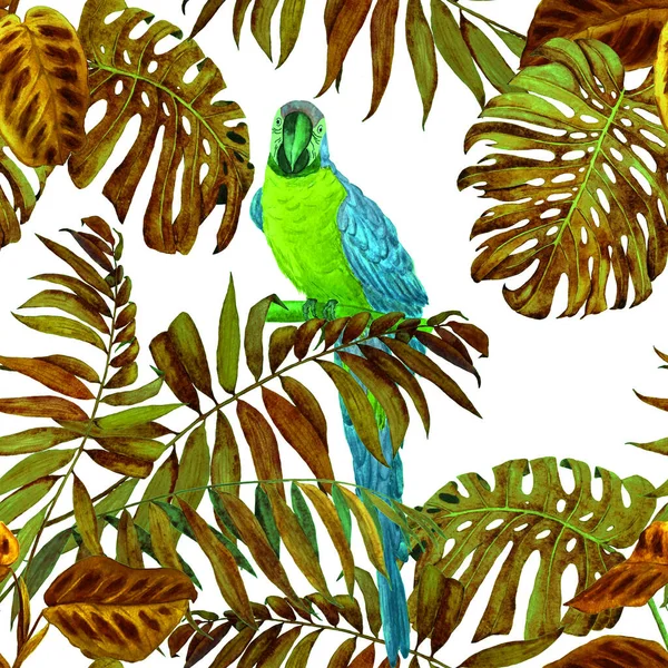 Trópusi Zökkenőmentes Minta Akvarell Dzsungel Levelekkel Arapapagájokkal Színes Kézzel Rajzolt — Stock Fotó