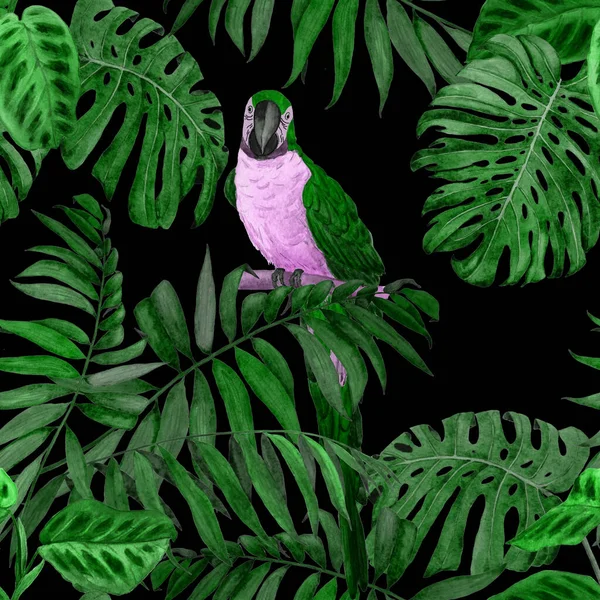 Τροπικό Μοτίβο Χωρίς Ραφή Ακουαρέλες Φύλλα Ζούγκλας Και Παπαγάλους Μακάο — Φωτογραφία Αρχείου