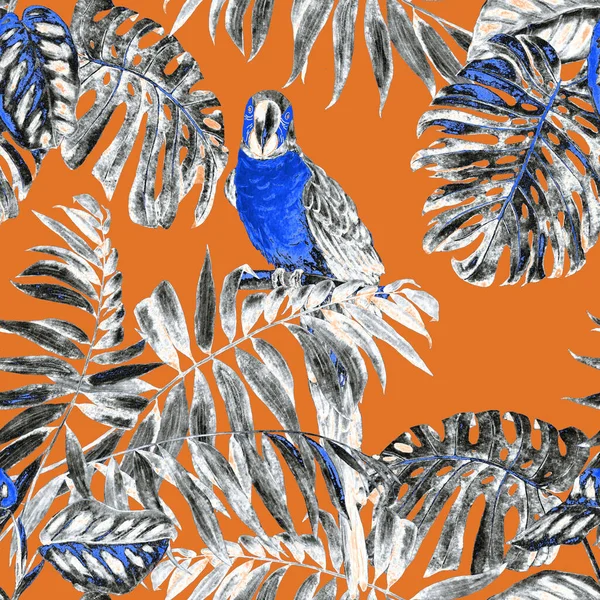 Тропічний Безшовний Візерунок Листям Акварельних Джунглів Папугами Макави Барвиста Намальована — стокове фото