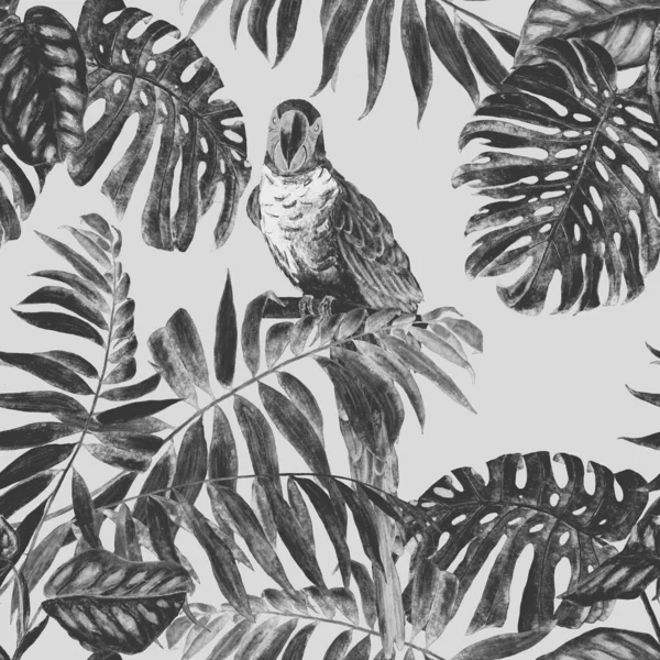 Trópusi Zökkenőmentes Minta Akvarell Dzsungel Levelekkel Arapapagájokkal Színes Kézzel Rajzolt — Stock Fotó