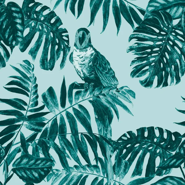 바다없는 패턴으로 정글의 나뭇잎 금강앵무 앵무새가 있습니다 손으로 이국적 — 스톡 사진