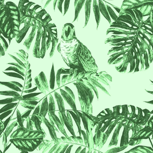 热带无缝图案 水彩斑斓的丛林树叶和金刚鹦鹉 色彩艳丽的手绘插图 异国情调夏季印刷品 — 图库照片