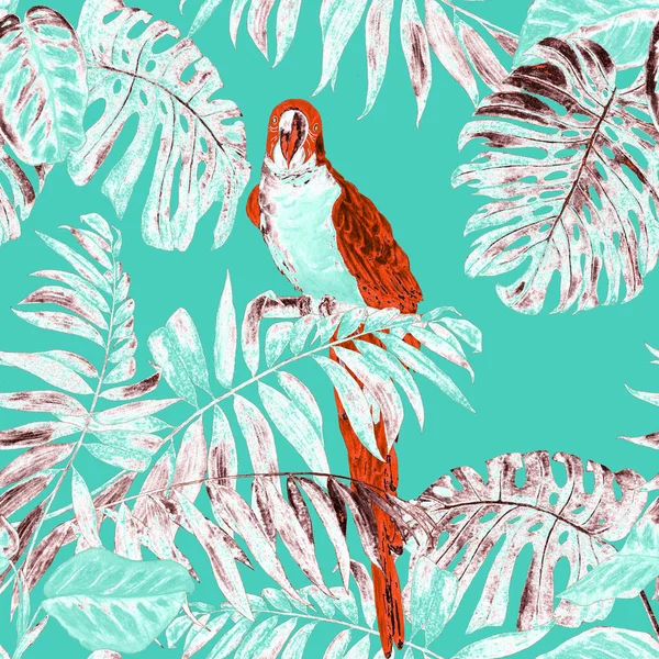 Tropical seamless pattern with watercolor jungle leaves and macaw parrots. Colorful hand drawn illustration. Exotic summer print.