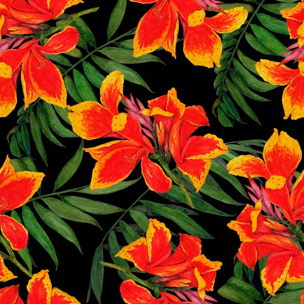 Hawaii çiçekli, suluboya tropikal çiçekli, dikişsiz desen. Egzotik Canna çiçeği. Renkli el çizimi çizimi. Tropik yaz baskısı.