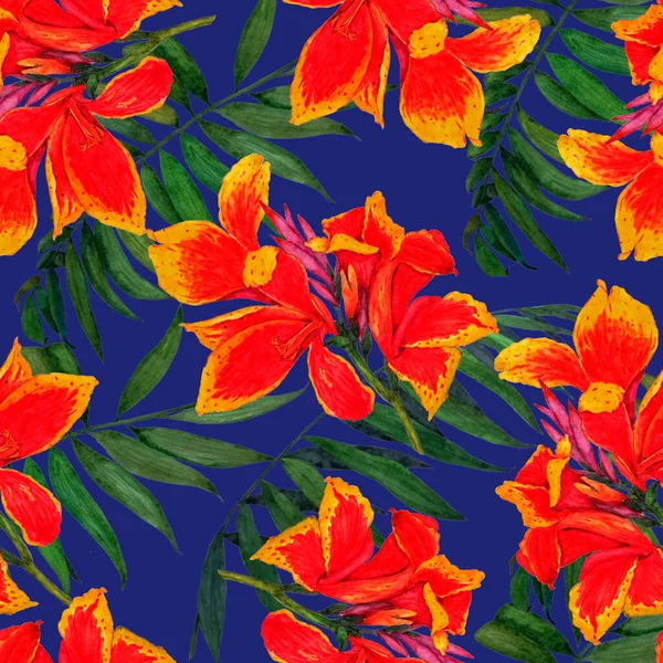 夏威夷植物无缝图案 水彩斑斓的热带花朵 异国情调的加纳花 色彩艳丽的手绘插图 热带夏季印刷品 — 图库照片
