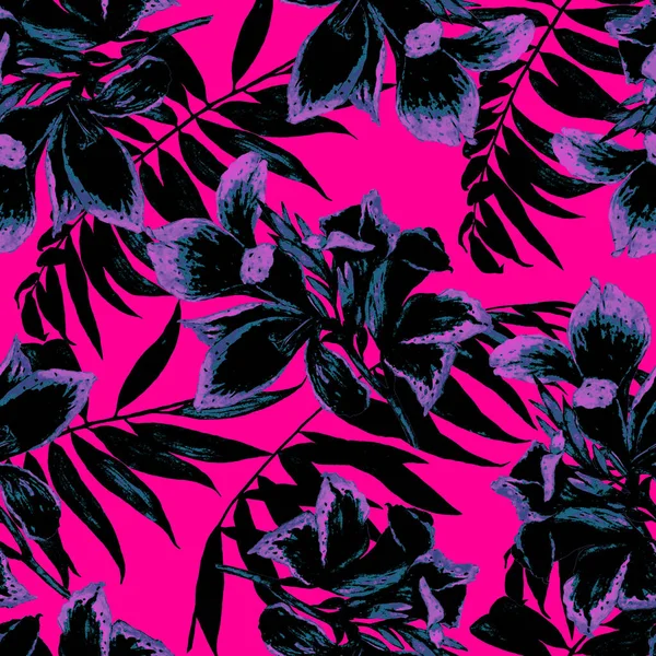 Hawaiian floral seamless pattern with watercolor tropical flowers. Exotic Canna flower. Colorful hand drawn illustration. Tropical summer print.