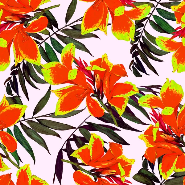 夏威夷植物无缝图案 水彩斑斓的热带花朵 异国情调的加纳花 色彩艳丽的手绘插图 热带夏季印刷品 — 图库照片