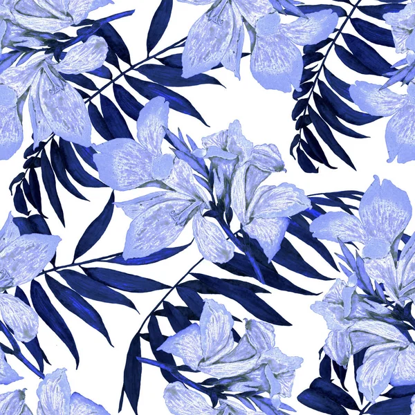 Hawaiian floral seamless pattern with watercolor tropical flowers. Exotic Canna flower. Colorful hand drawn illustration. Tropical summer print.