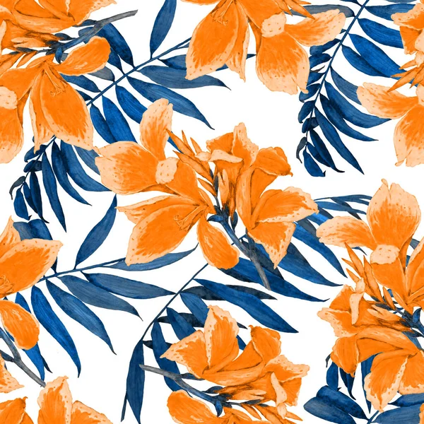 Hawaiian floral seamless pattern with watercolor tropical flowers. Exotic Canna flower. Colorful hand drawn illustration. Tropical summer print.