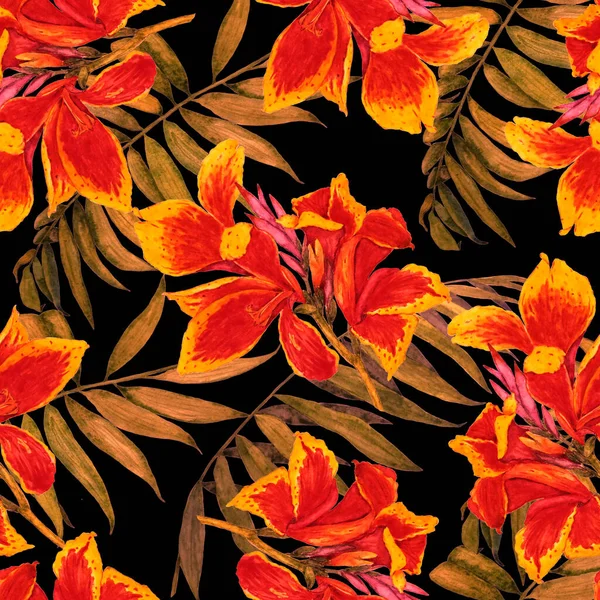 水彩熱帯の花とハワイの花のシームレスなパターン エキゾチックなカンナの花 カラフルな手描きイラスト 熱帯夏 Print — ストック写真