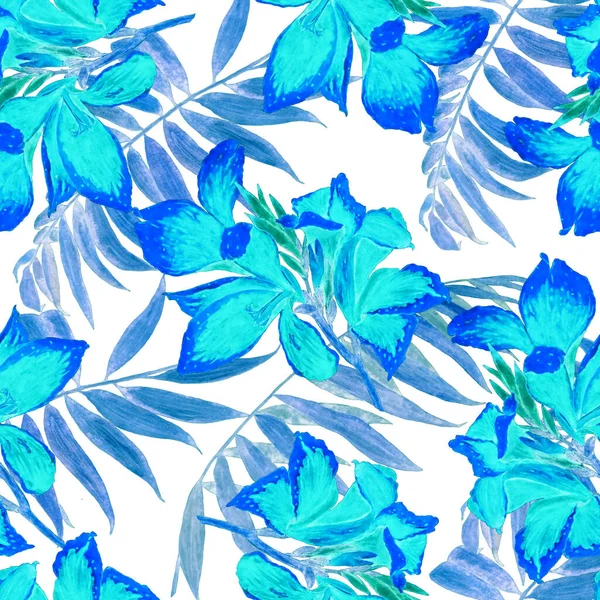 Hawaiian floral seamless pattern with watercolor tropical flowers. Exotic Canna flower. Colorful hand drawn illustration. Tropical summer print.
