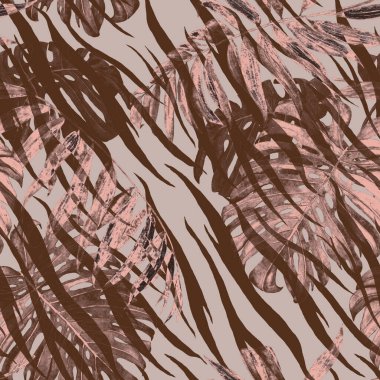 Hayvan arka planında tropikal yapraklı suluboya deseni (palmiye, canavar). Orman yaprağı izi.