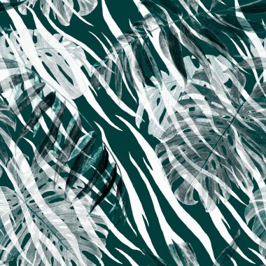 Hayvan arka planında tropikal yapraklı suluboya deseni (palmiye, canavar). Orman yaprağı izi.