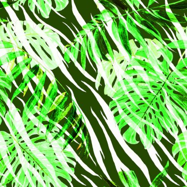 Hayvan arka planında tropikal yapraklı suluboya deseni (palmiye, canavar). Orman yaprağı izi.