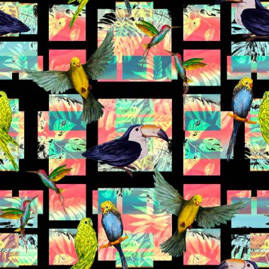Geometrik arka planda suluboya kuşları olan tropikal, pürüzsüz bir desen. Renkli el çizimi çizimi. Egzotik yaz baskısı. 