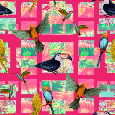 Geometrik arka planda suluboya kuşları olan tropikal, pürüzsüz bir desen. Renkli el çizimi çizimi. Egzotik yaz baskısı. 