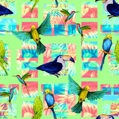 Geometrik arka planda suluboya kuşları olan tropikal, pürüzsüz bir desen. Renkli el çizimi çizimi. Egzotik yaz baskısı. 