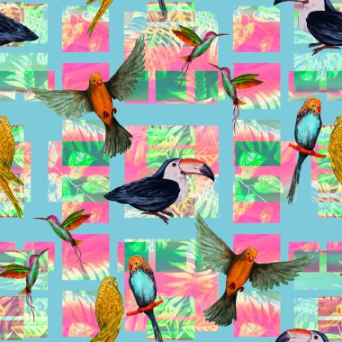 Geometrik arka planda suluboya kuşları olan tropikal, pürüzsüz bir desen. Renkli el çizimi çizimi. Egzotik yaz baskısı. 
