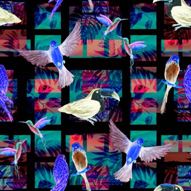 Geometrik arka planda suluboya kuşları olan tropikal, pürüzsüz bir desen. Renkli el çizimi çizimi. Egzotik yaz baskısı. 