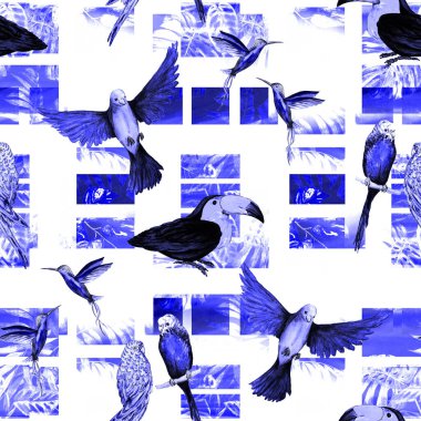 Geometrik arka planda suluboya kuşları olan tropikal, pürüzsüz bir desen. Renkli el çizimi çizimi. Egzotik yaz baskısı. 