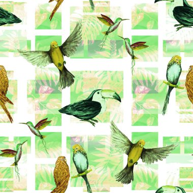 Geometrik arka planda suluboya kuşları olan tropikal, pürüzsüz bir desen. Renkli el çizimi çizimi. Egzotik yaz baskısı. 